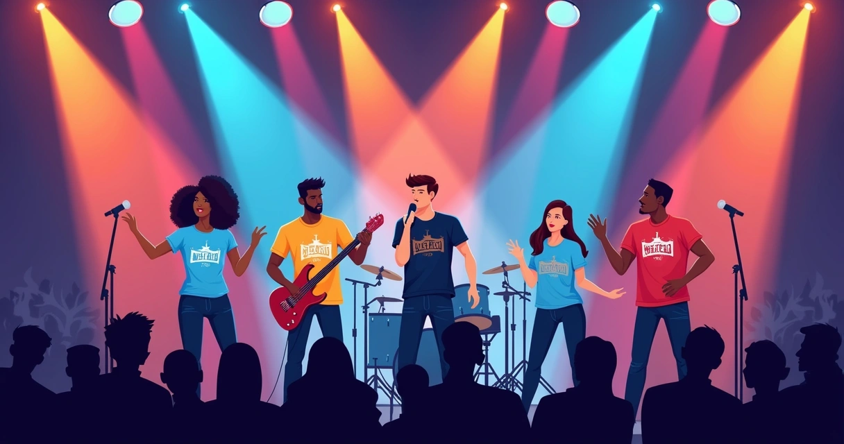 Ilustração corporativa flat de músicos no palco usando camisetas personalizadas coloridas com logo de banda, luzes de show coloridas ao fundo e público ao longe