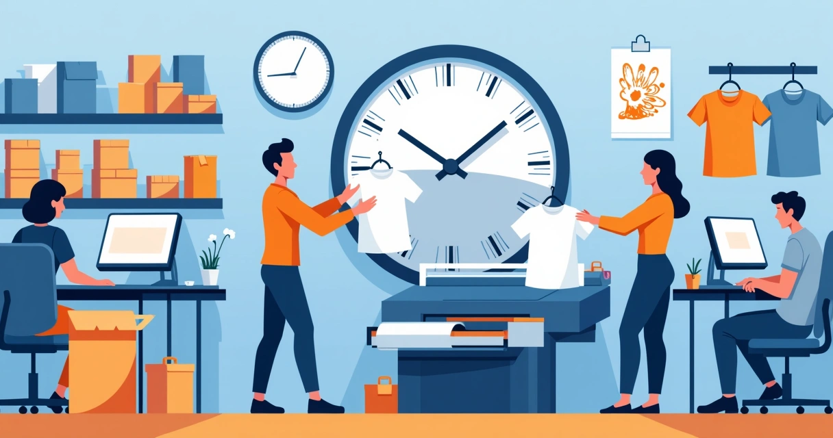 Ilustração corporativa de profissional entregando camisetas personalizadas rapidamente em ambiente de produção moderno com relógio mostrando prazo curto
