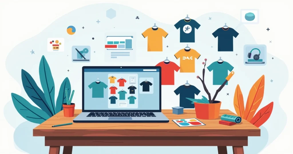 Ilustração corporativa de camisetas personalizadas coloridas em uma mesa com computador e ferramentas de design ao redor