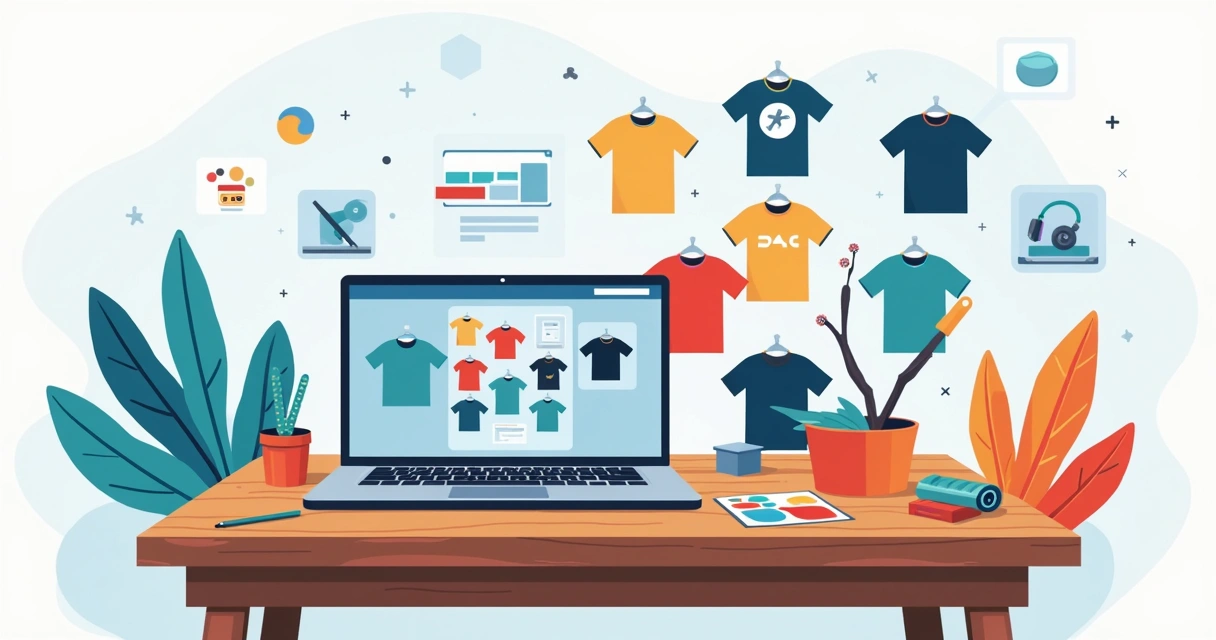 Ilustração corporativa de camisetas personalizadas coloridas em uma mesa com computador e ferramentas de design ao redor