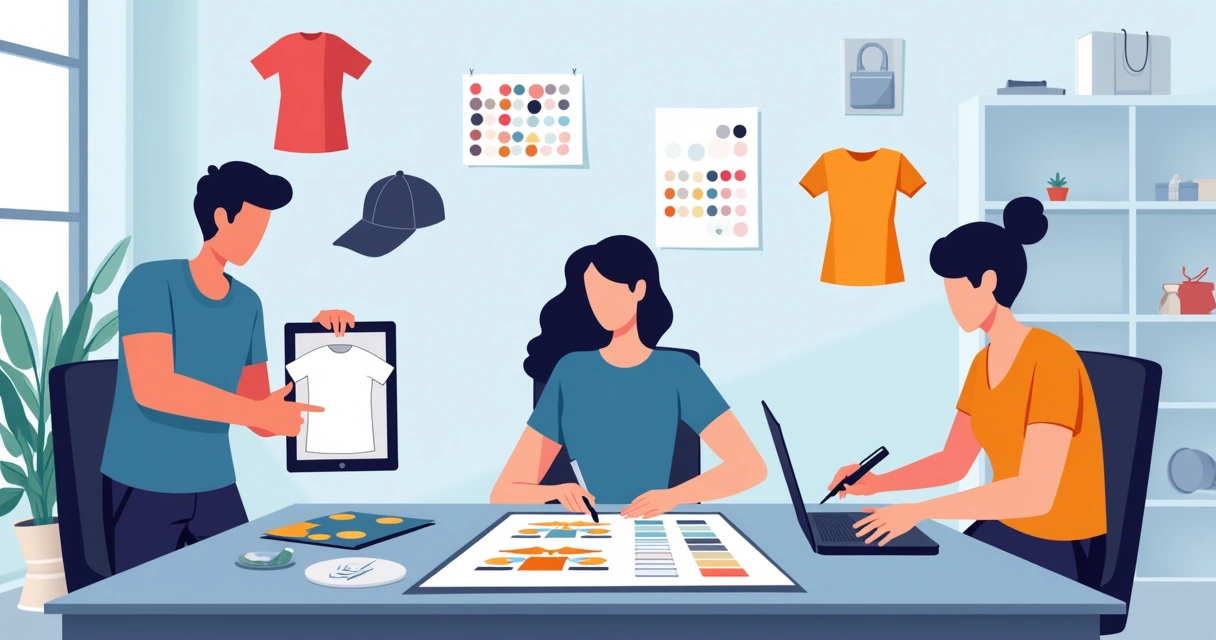 Equipe de design e produção de camisetas personalizadas em ambiente moderno, com telas digitais e provas de arte em mesa