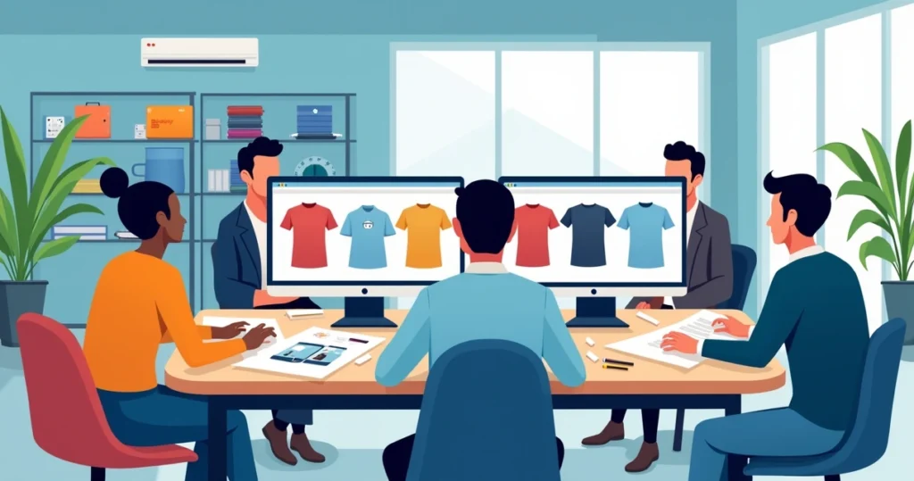 Equipe de designers criando camisetas personalizadas em ambiente de escritório moderno colorido