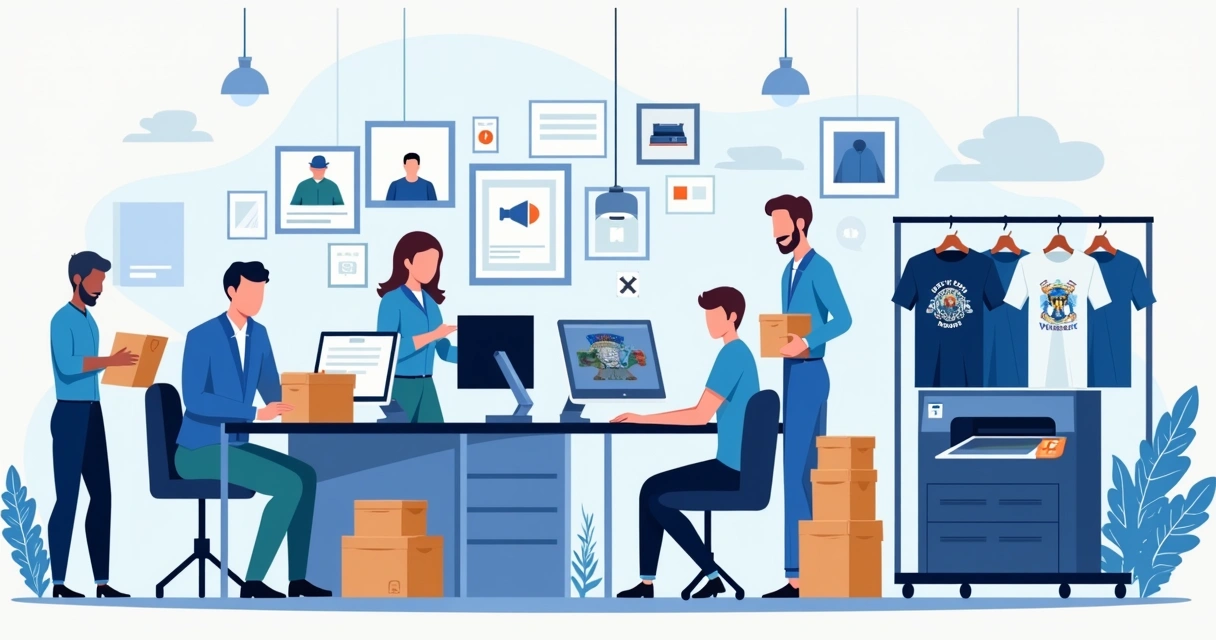 Equipe colaborando em ambiente corporativo com camisetas personalizadas e equipamentos de impressão