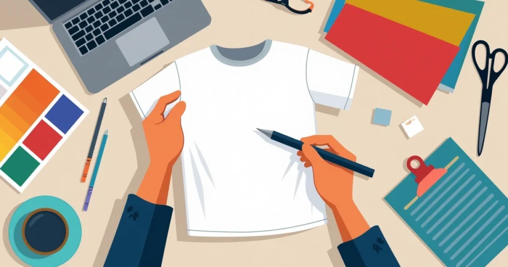 Ilustração flat corporativa mostrando mão segurando camiseta personalizada ao lado de amostras de tecido e paleta de cores em mesa de design