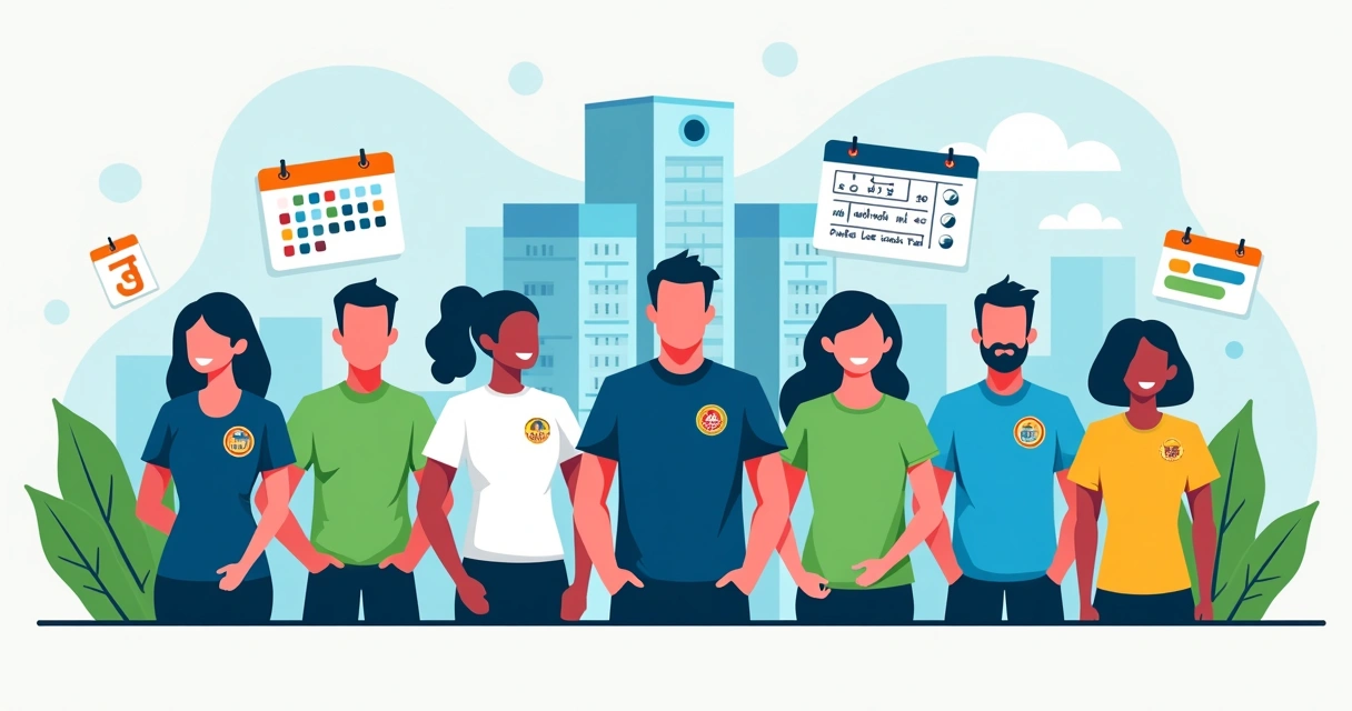 Ilustração corporativa plana mostrando camisetas personalizadas em diferentes cenários empresariais e eventos em Marília