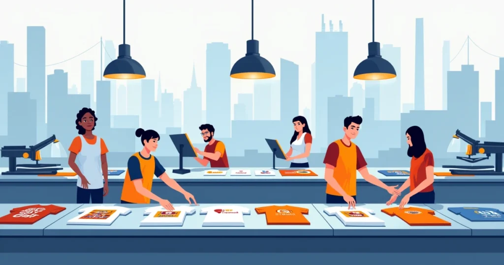 Ilustração corporativa de profissionais certificando camisetas personalizadas em Sorocaba, com elementos que representam indústria e eventos locais