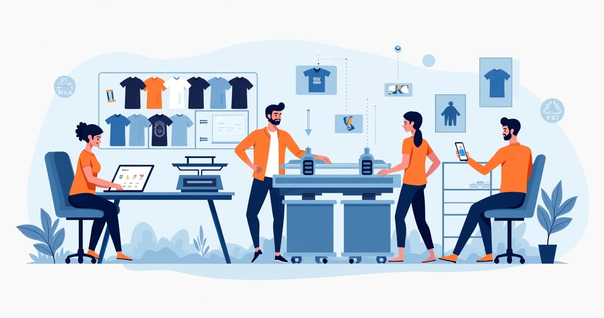 Ilustração plana corporativa mostrando etapas da personalização de camisetas com diferentes técnicas de estamparia, tecidos e atendimento ao cliente em Ribeirão Preto