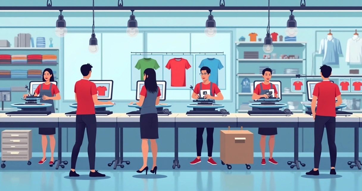 Ilustração corporativa plana mostrando produção ágil de camisetas personalizadas com máquinas de silk screen e atendimento consultivo em Bauru