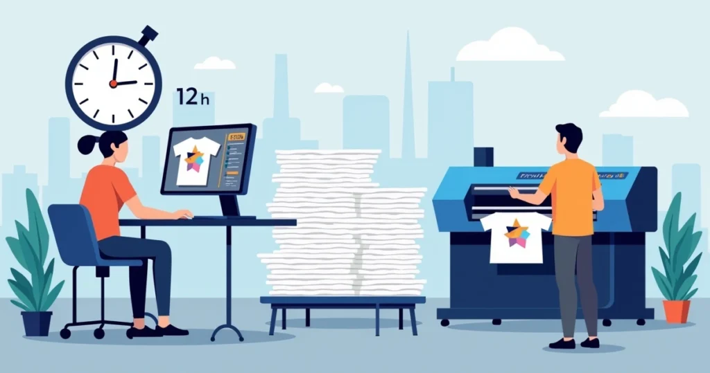 Equipe produzindo camisetas personalizadas urgentes em Sorocaba com relógio marcando 12 horas