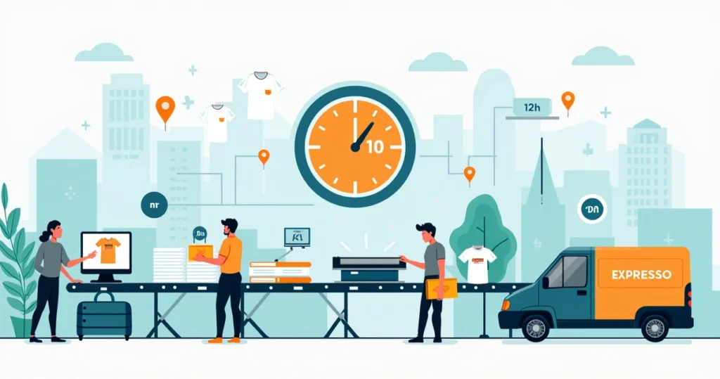 Ilustração de camisetas personalizadas sendo produzidas e entregues em 12 horas em Marília