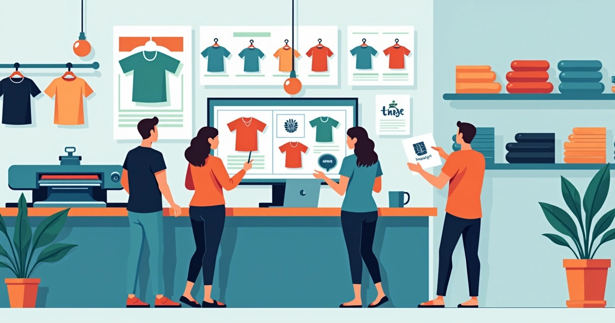 ilustração de grupo escolhendo camisetas personalizadas em Bauru numa loja moderna