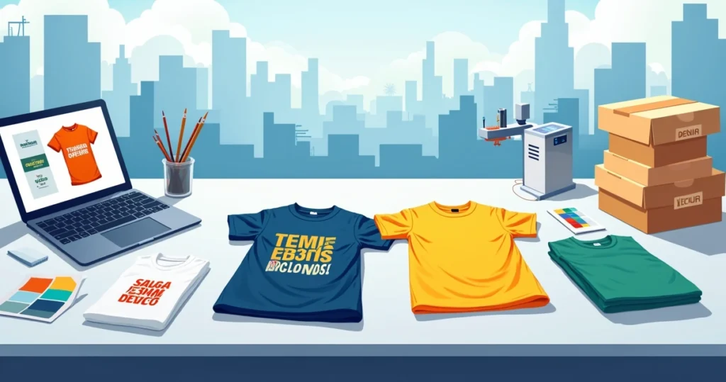 Camisetas personalizadas em Presidente Prudente com diferentes estampas sobre mesa de trabalho