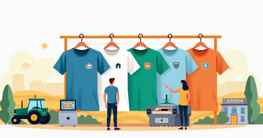 Ilustração de camisetas personalizadas em Presidente Prudente com comércio e agronegócio ao fundo