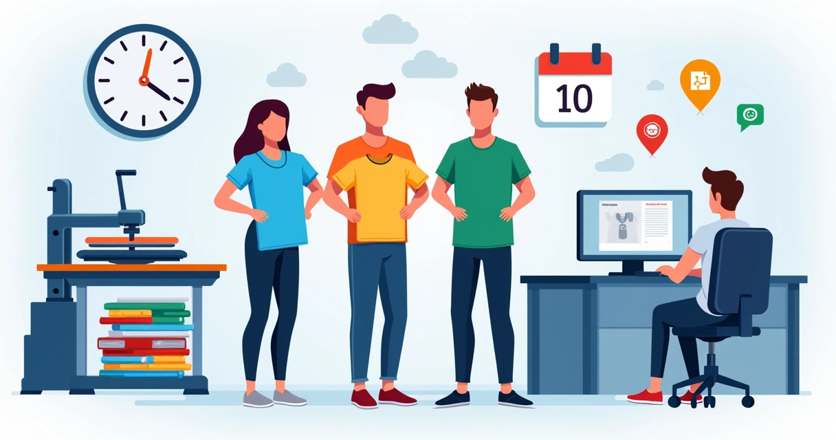 Equipe mostrando camisetas personalizadas prontas em produção rápida