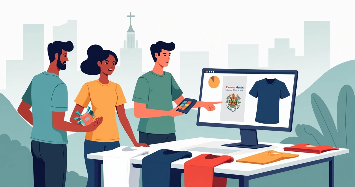 Equipe escolhendo camisetas personalizadas em São Roque em mesa com amostras de cores e estampas