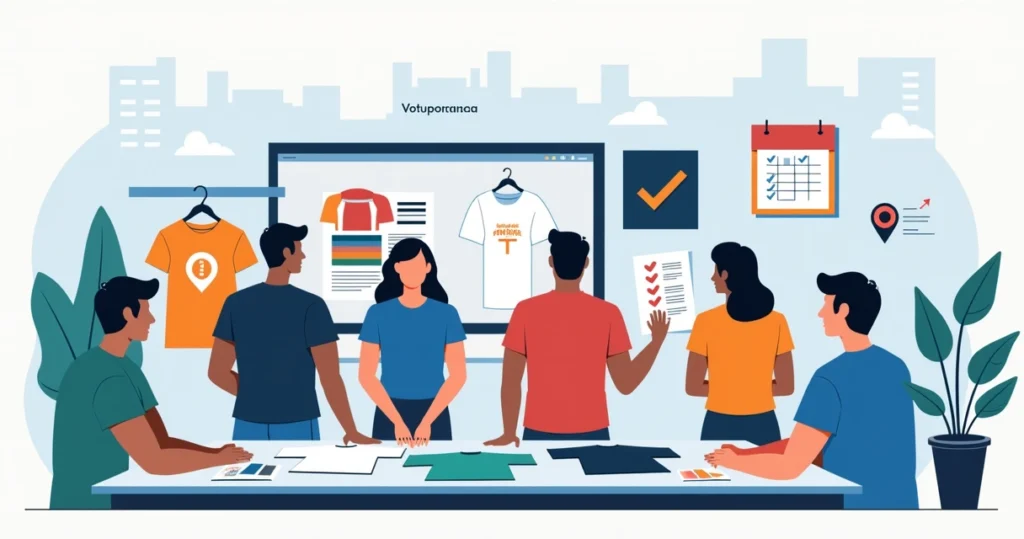 ilustração de grupo escolhendo camisetas personalizadas em Votuporanga
