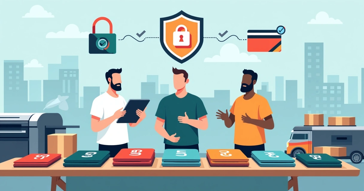 Equipe mostrando camisetas personalizadas com ícones de segurança e entrega rápida