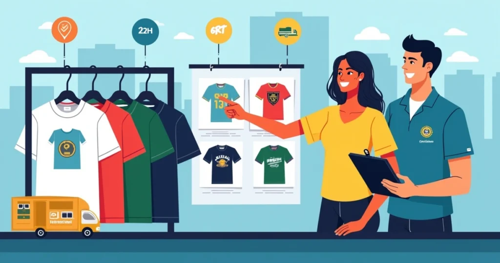 Ilustração de vitrine com camisas personalizadas em Campo Grande RJ e atendente mostrando opções de modelos