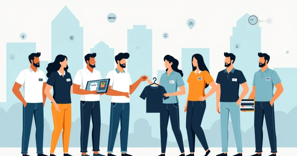 Equipe usando camisas personalizadas em prédio corporativo no Centro do Rio de Janeiro