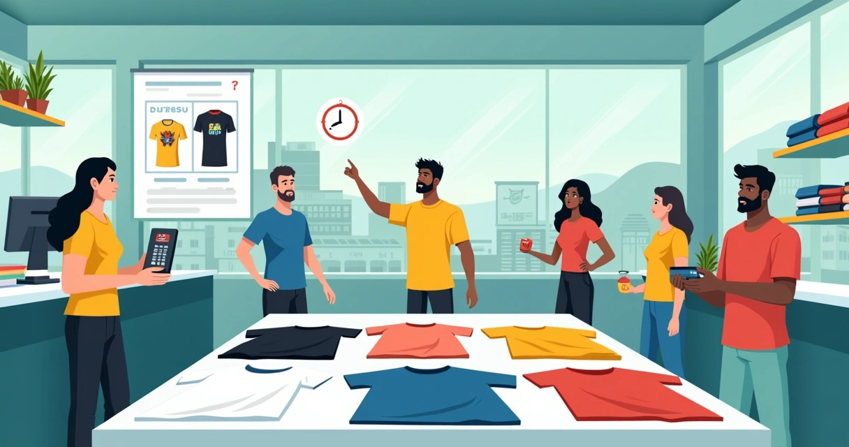 Ilustração de pessoas escolhendo camisas personalizadas em loja moderna de Madureira RJ