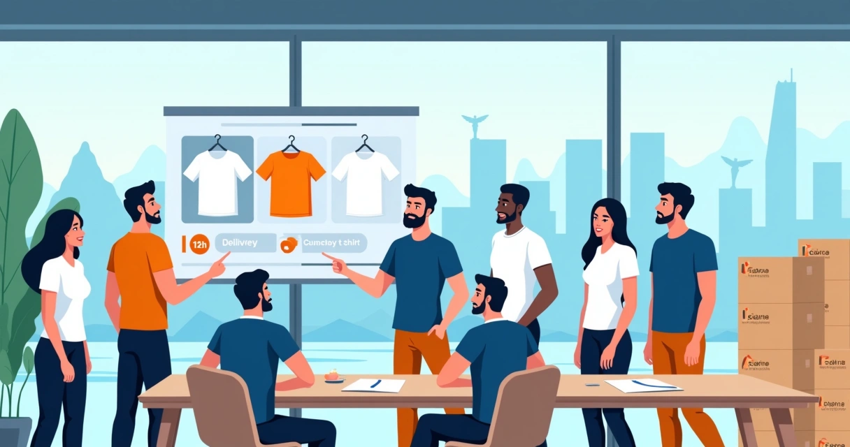 Equipe corporativa carioca usando camisetas personalizadas com ícones do Rio de Janeiro