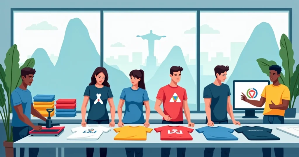 Equipe ajustando camisetas personalizadas para evento empresarial no Rio de Janeiro