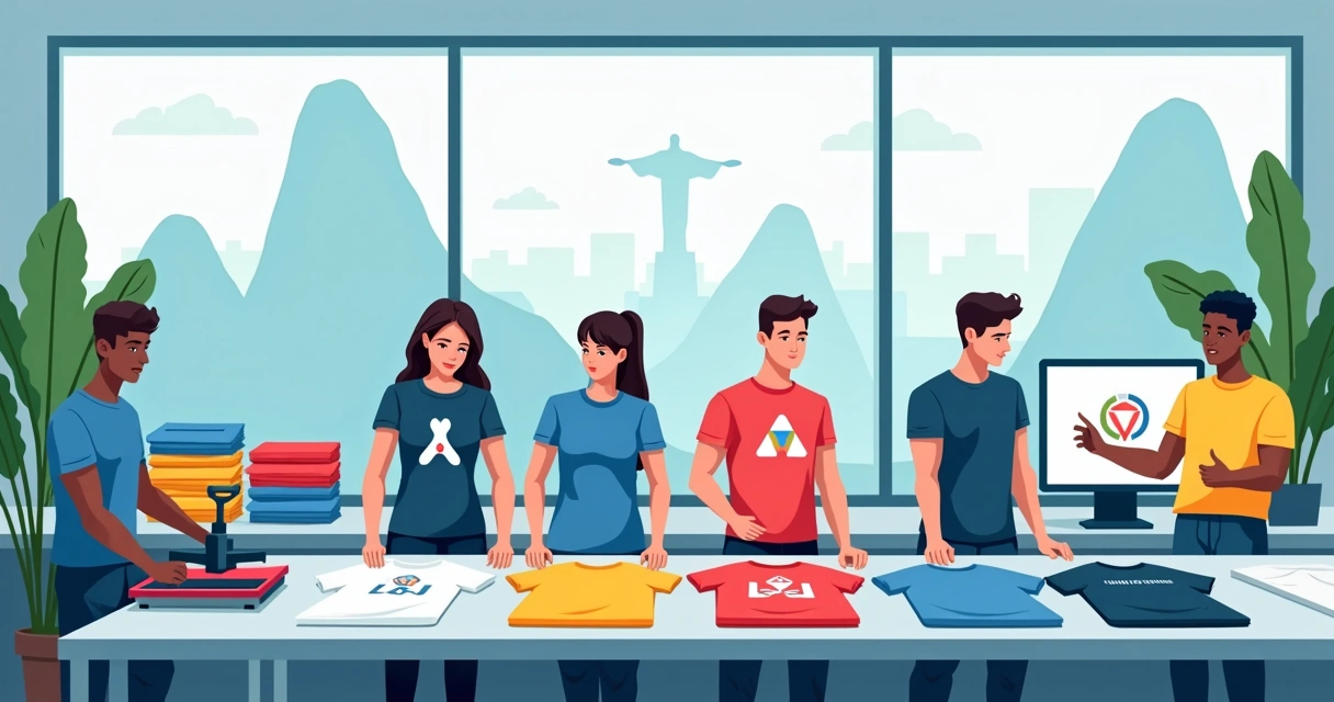 Equipe ajustando camisetas personalizadas para evento empresarial no Rio de Janeiro