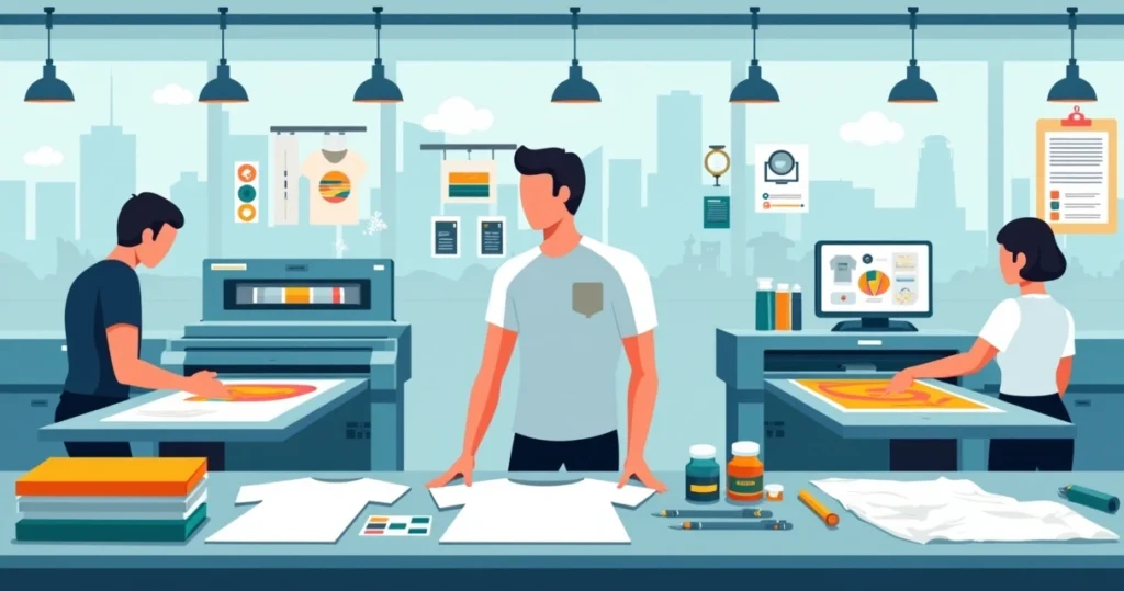 Equipe confeccionando camisas personalizadas em estamparia no Rio de Janeiro