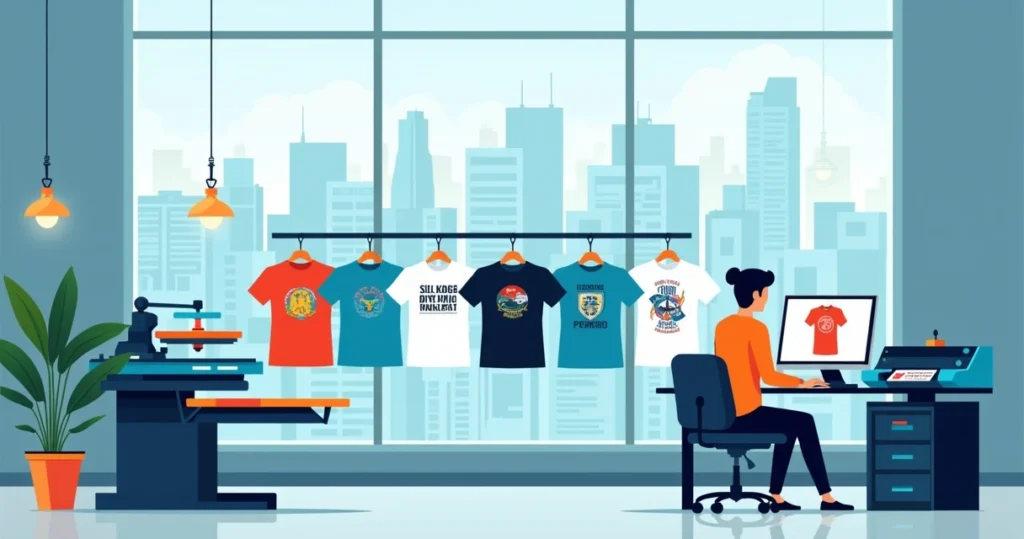 Ilustração de estamparia de camisetas em São Paulo com produção profissional