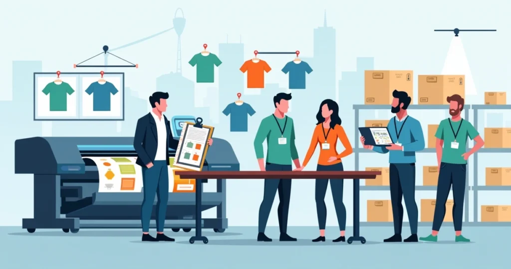 Ilustração de equipe empresarial escolhendo camisetas personalizadas em Sorocaba