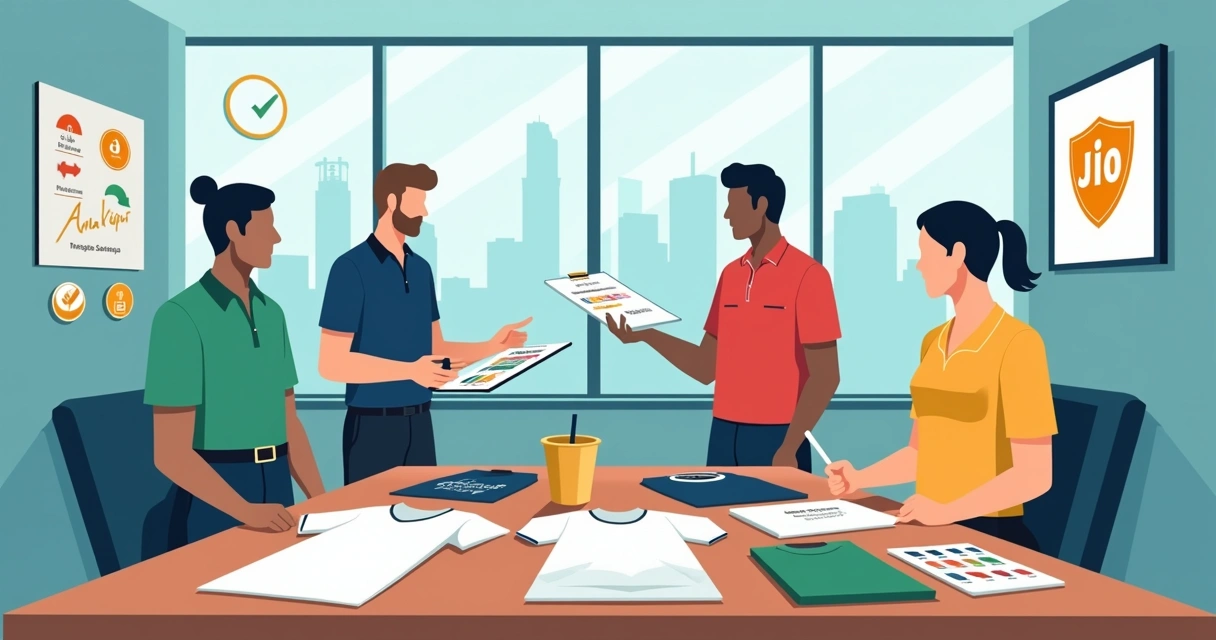 Ilustração de grupo avaliando camisas personalizadas em Nova Iguaçu em mesa de amostras