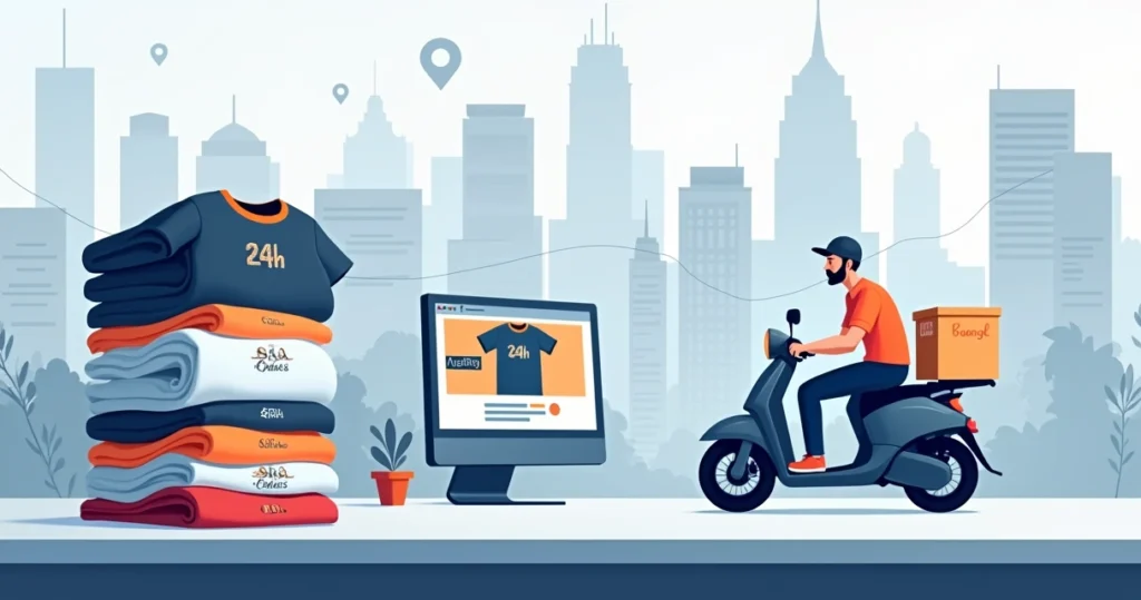 Ilustração de camisetas personalizadas sendo entregues em 24 horas em São Paulo