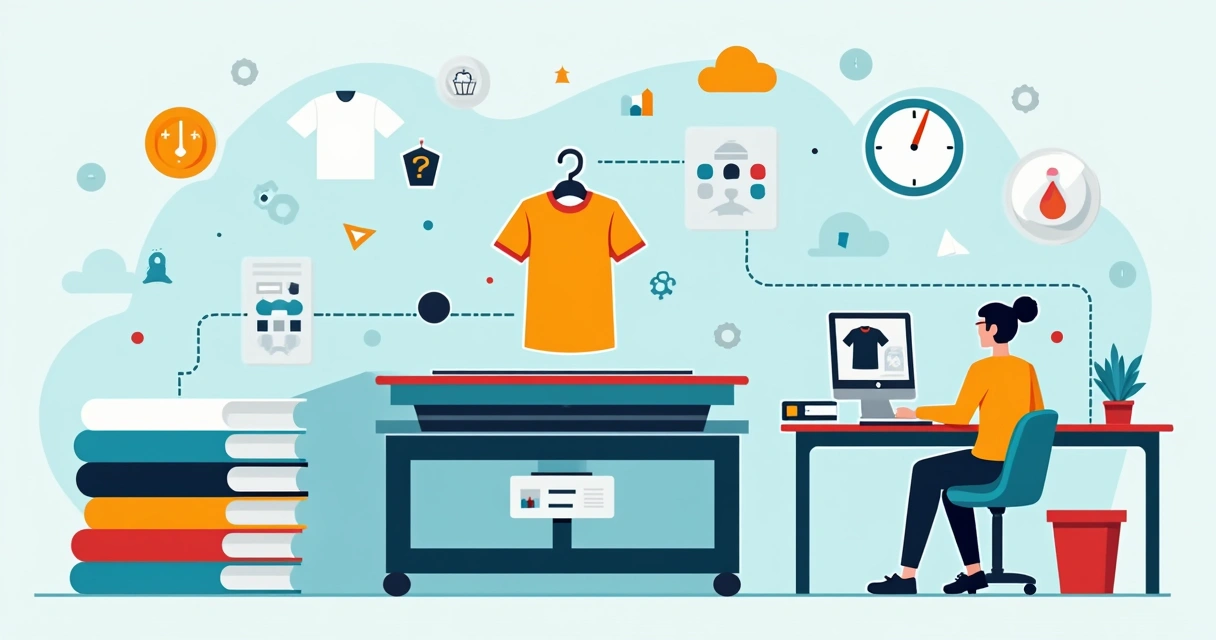 Ilustração de camisetas sendo personalizadas em silk screen em ambiente profissional