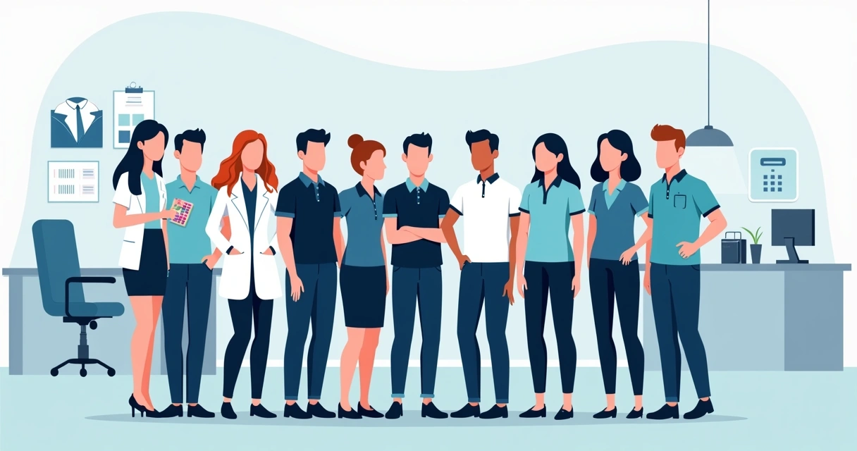 Equipe corporativa usando uniformes personalizados em diferentes setores da empresa