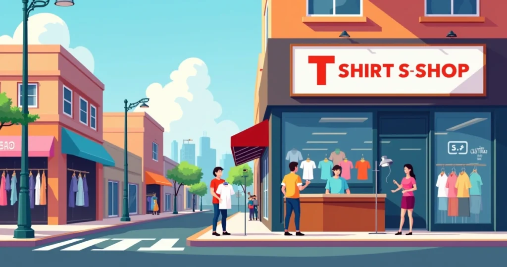 Ilustração de rua comercial no Bom Retiro com estamparia de camisetas personalizadas em destaque