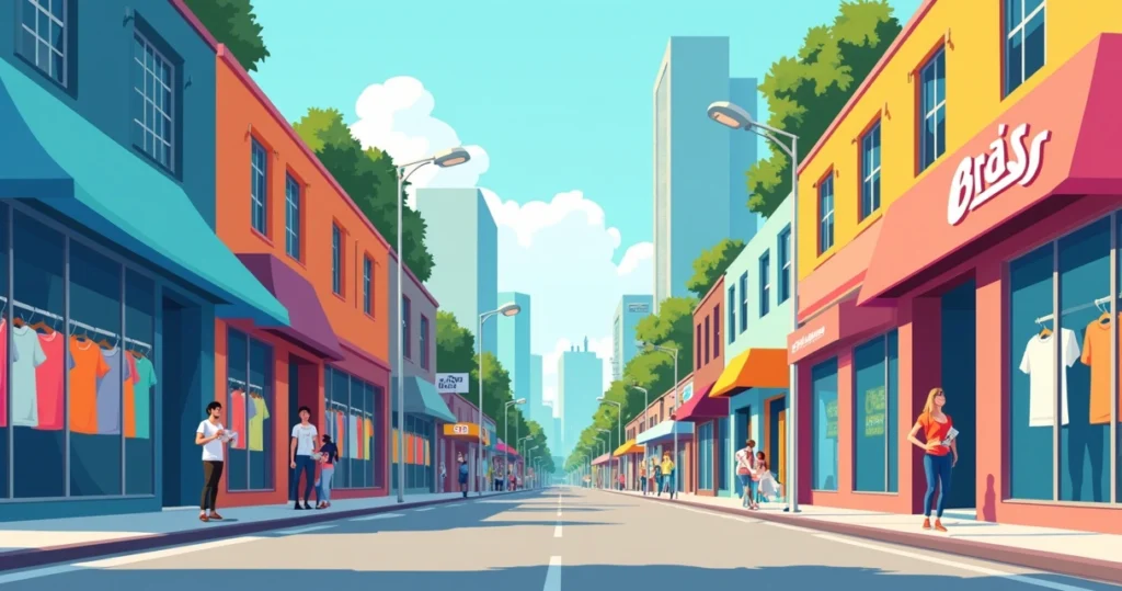 Ilustração de rua comercial no Brás com lojas de estamparia de camisetas