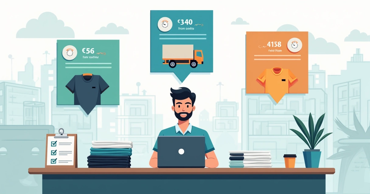 Empresário analisando opções de fornecedor de camisetas personalizadas em reunião de negócios