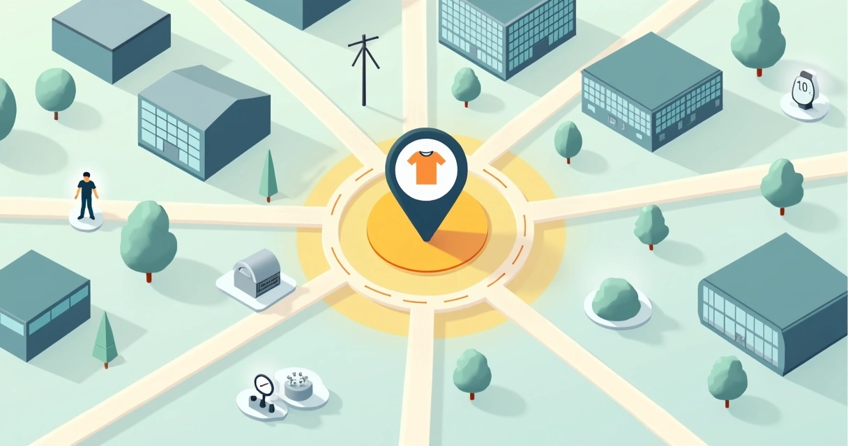 Mapa ilustrado mostrando raio de 800 metros até estamparia personalizada próxima