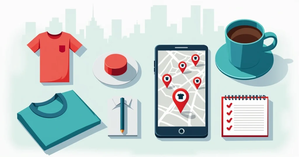 Ilustração de mapa urbano com marcadores de estamparias próximas