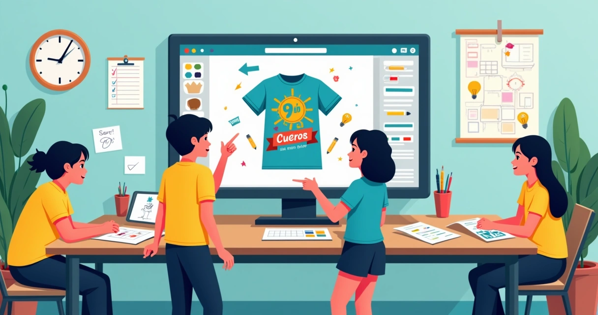 Grupo de alunos do 9º ano desenhando arte de camisa escolar personalizada em ambiente de sala de informática