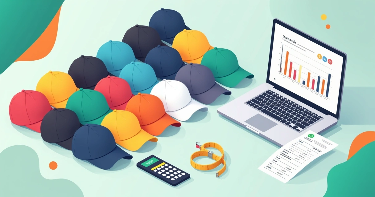 Ilustração de bonés personalizados coloridos em pequena quantidade ao lado de tabela de preços