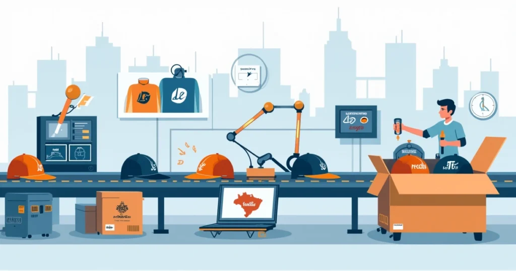 Ilustração de esteira com bonés personalizados sendo produzidos e enviados rapidamente