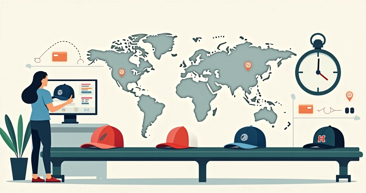 Ilustração de bonés personalizados em esteira de produção moderna com relógio simbolizando agilidade