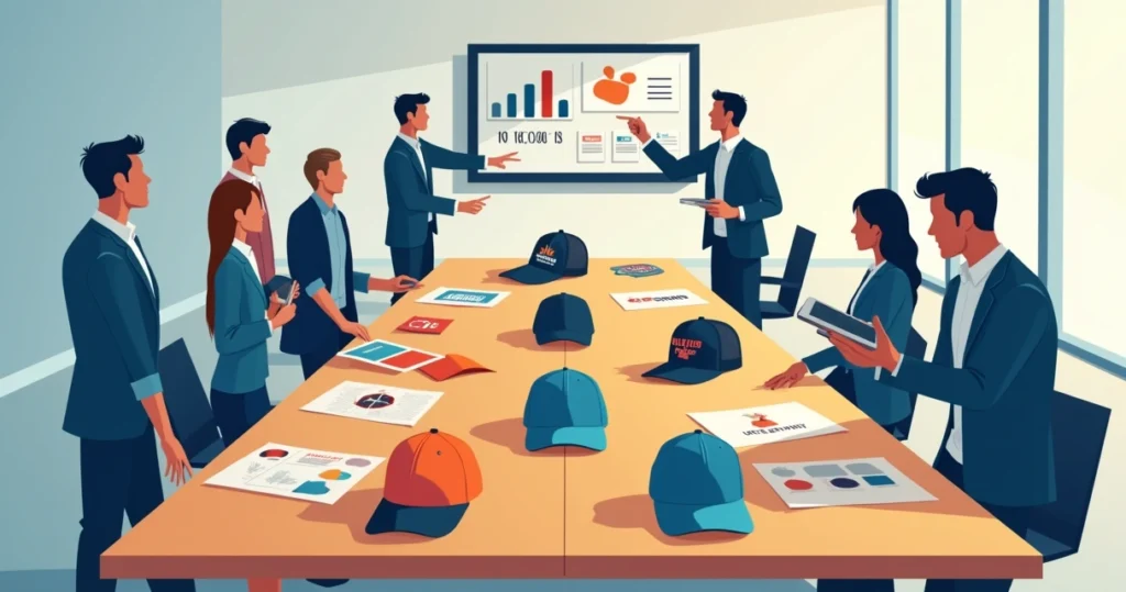 Mesa de reunião com bonés personalizados diferentes usados em estratégia de marketing de empresas