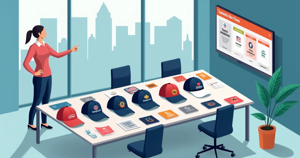 Mesa de reunião com bonés personalizados exibidos para evento corporativo nos EUA