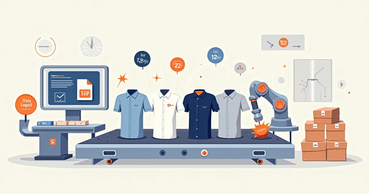 Ilustração de linha de produção rápida com camisas corporativas com logo