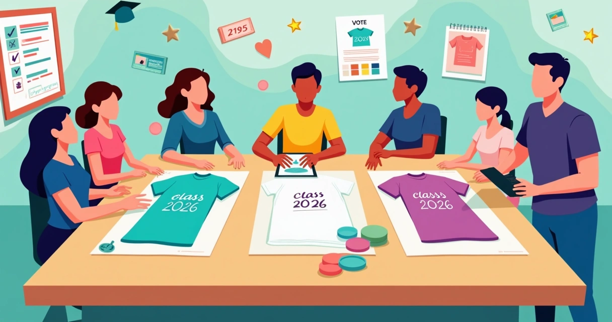 Equipe escolhendo design de camiseta do 9º ano em mesa criativa com elementos escolares e de formatura