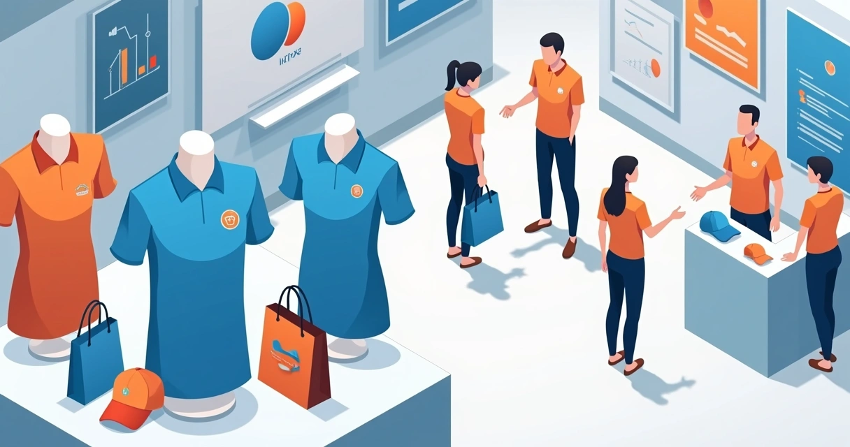 Camisetas com logo de empresa em estandes de evento corporativo