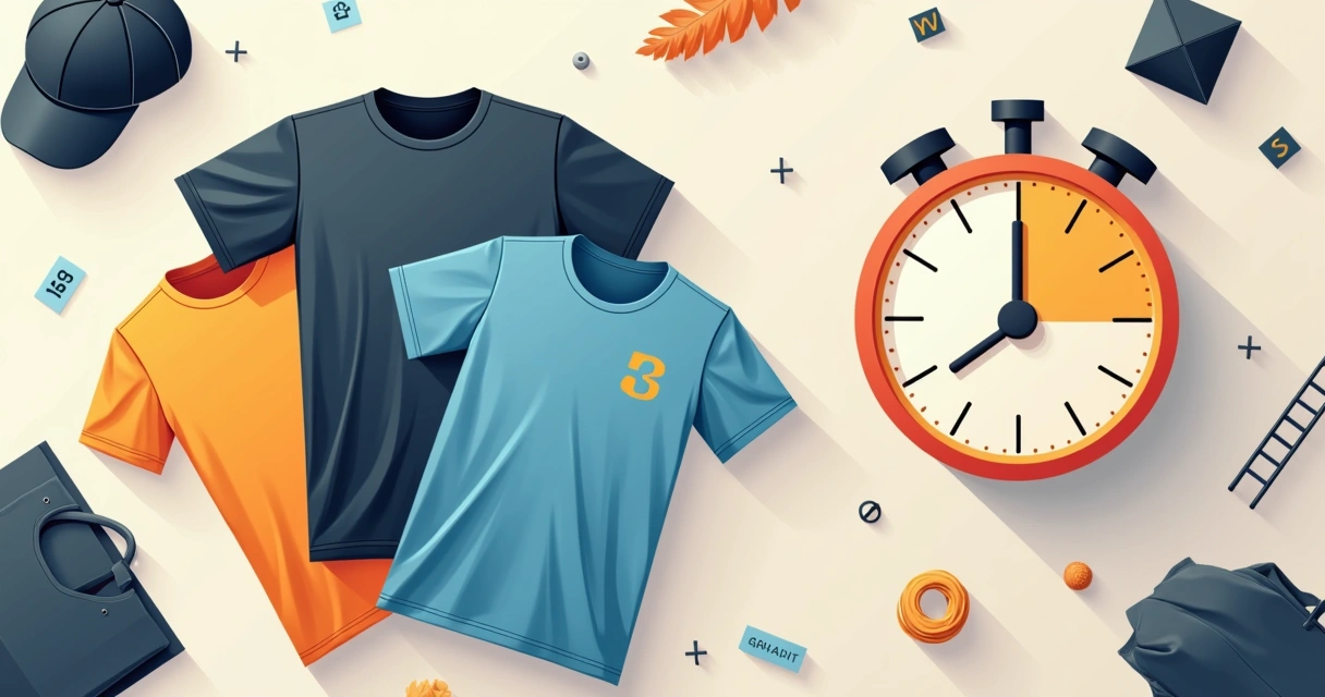 Flatlay com vários tipos de camiseta estampada personalizada ao lado de um grande cronômetro representando prazo rápido de entrega
