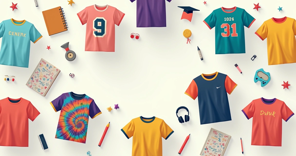 Coleção de modelos de camisetas de formandos do nono ano flutuando em cenário criativo escolar